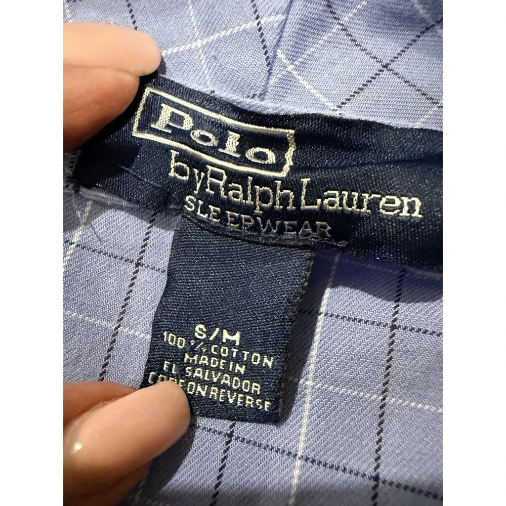 Vintage Polo Ralph Lauren Men Robe S M Blue Check‎ Piping Shawl Tie Cotton